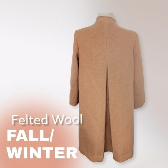VINTAGE 90s Felted Wool Coat Med. Camel & Cream Midi Length GUC - Picture 4 of 15